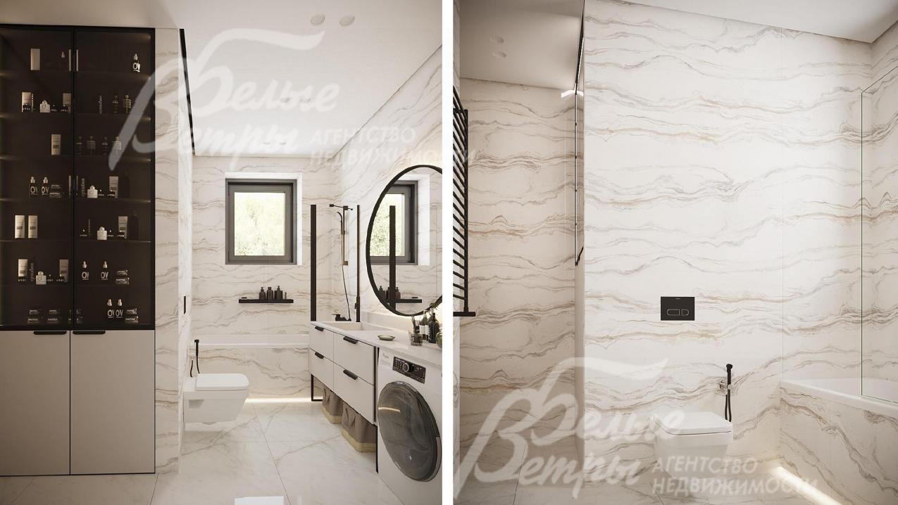 Визуализация дизайн-проекта 2-го этажа: ванная-постирочная со стиральной машиной