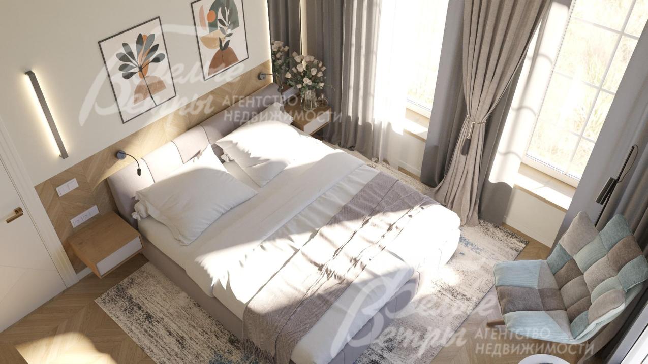 Главная спальня на втором этаже с тремя окнами и собственным санузлом