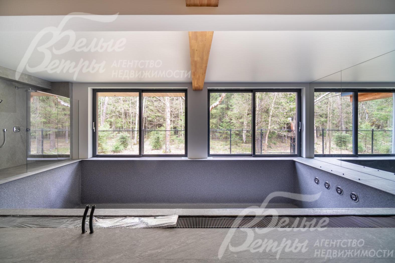 В бассейне раздвижные порталы с видом на лес.