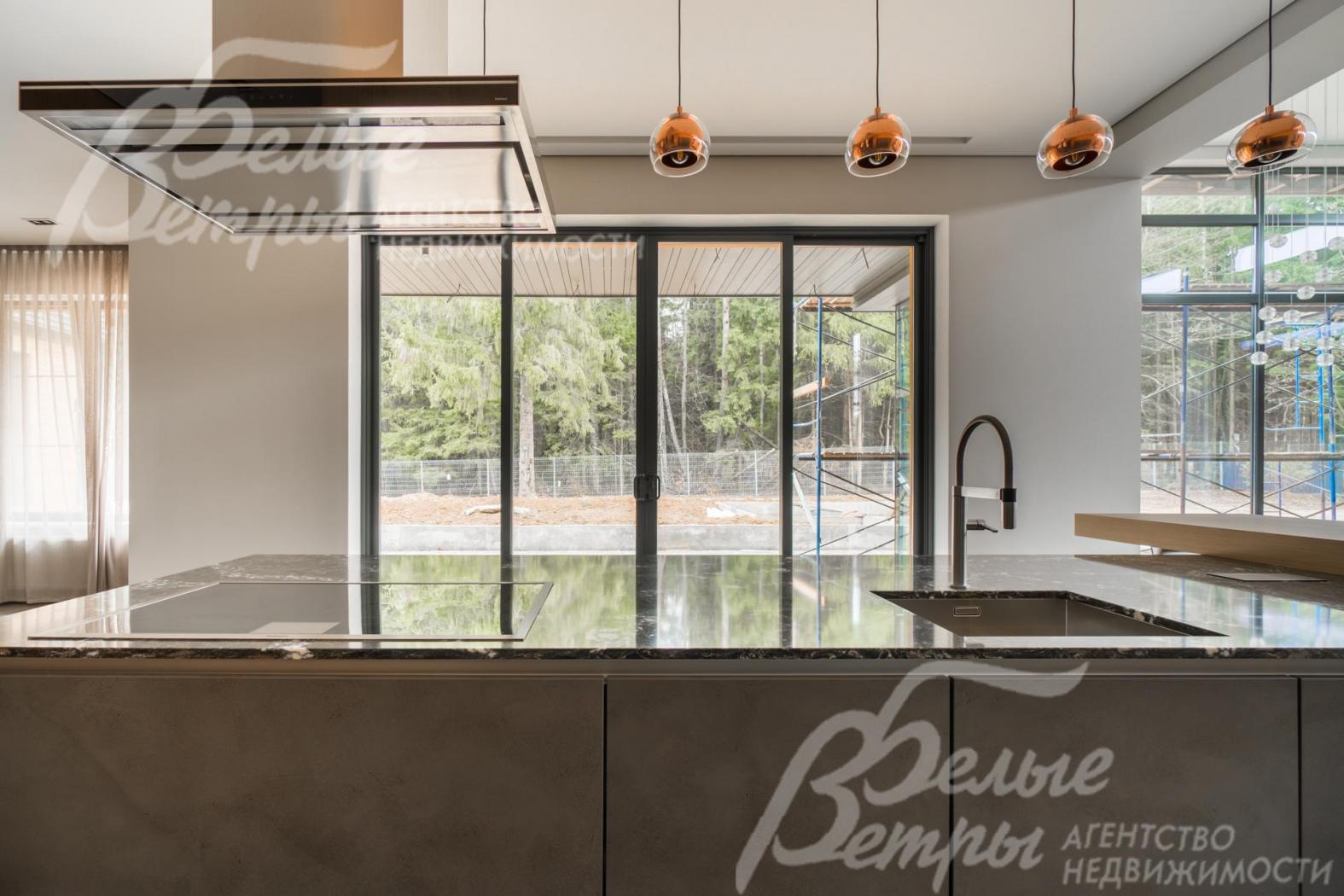 Кухонный остров с раковиной и видом на лес