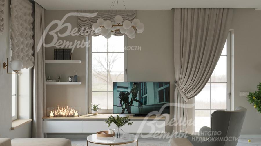 Гостиную украшает биокамин, подключено спутниковое телевидение