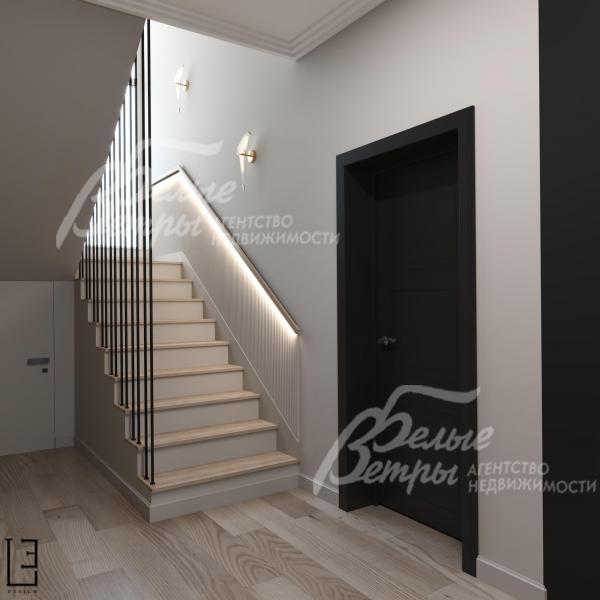 Визуализация дизайн проекта 1-го этажа: предлагаемая отделка лестницы