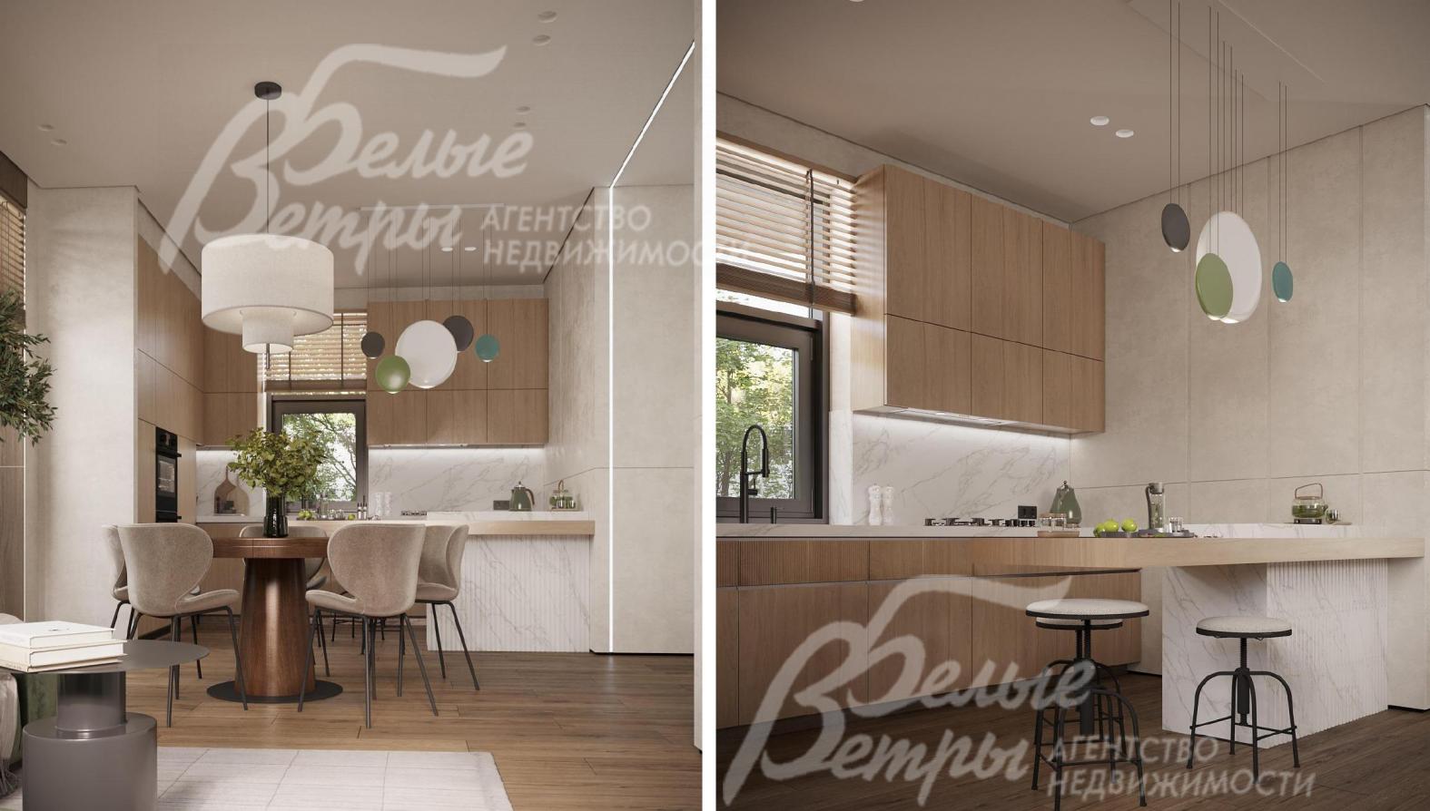 Визуализация дизайн-проекта 1-го этажа: кухня-столовая с кухонным гарнитуром в бежевых оттенках, островом-стойкой