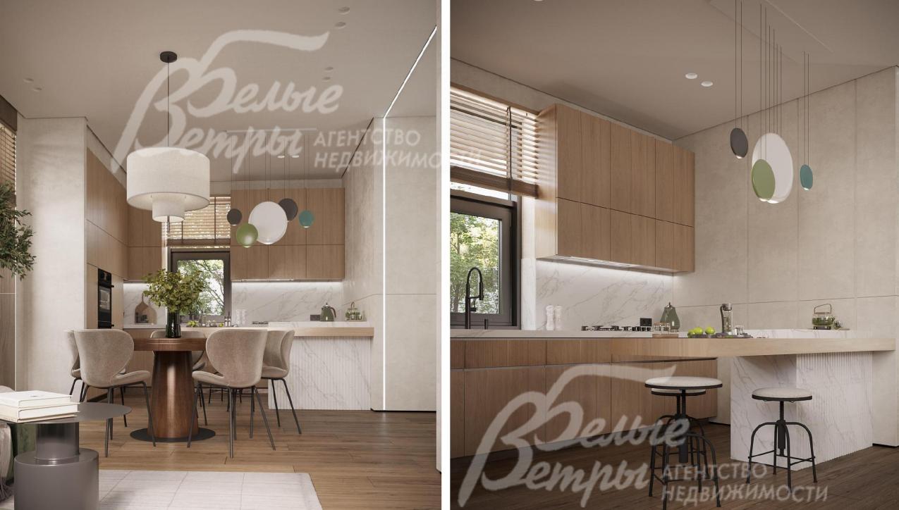 Визуализация дизайн-проекта 1-го этажа: кухня-столовая с кухонным гарнитуром в бежевых оттенках, островом-стойкой