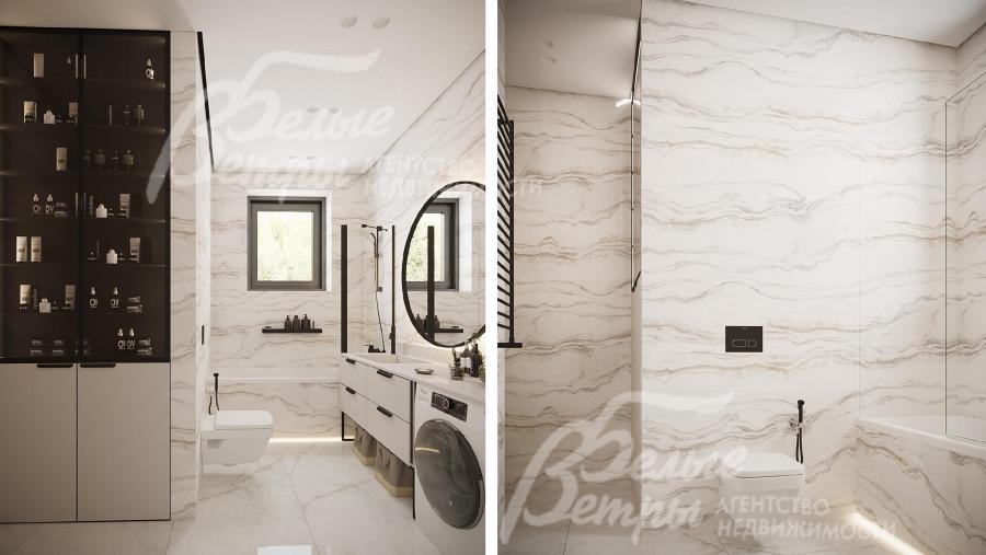 Визуализация дизайн-проекта 2-го этажа: ванная-постирочная со стиральной машиной