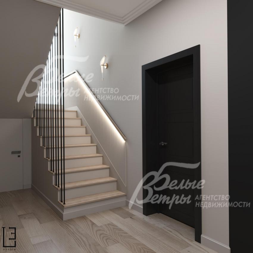 Визуализация дизайн проекта 1-го этажа: предлагаемая отделка лестницы