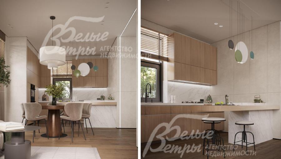 Визуализация дизайн-проекта 1-го этажа: кухня-столовая с кухонным гарнитуром в бежевых оттенках, островом-стойкой
